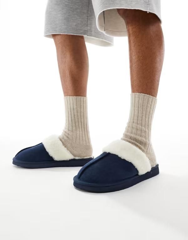 エイソス メンズ シューズ サンダル スエード ASOS DESIGN mule slippers suede with faux shearling lining Navy ネイビー