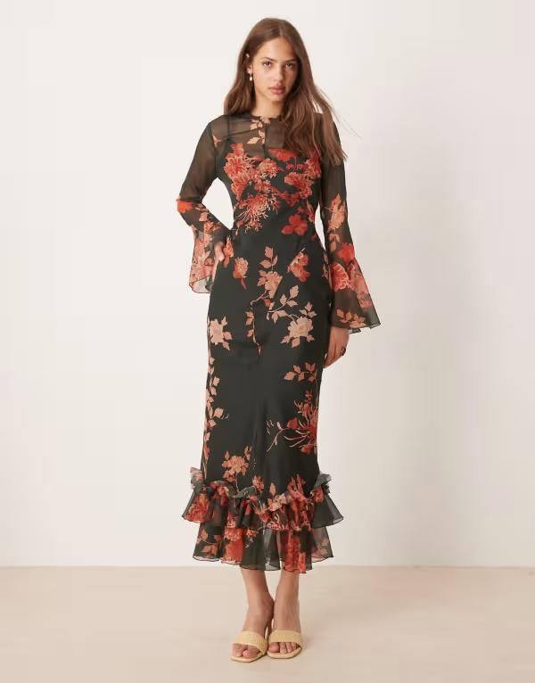 エイソス レディース トップス ワンピース マキシワンピース フラワー柄 マキシ フラワー ASOS DESIGN flutter sleeve maxi dress with frill hem and red floral Black Floral Pri