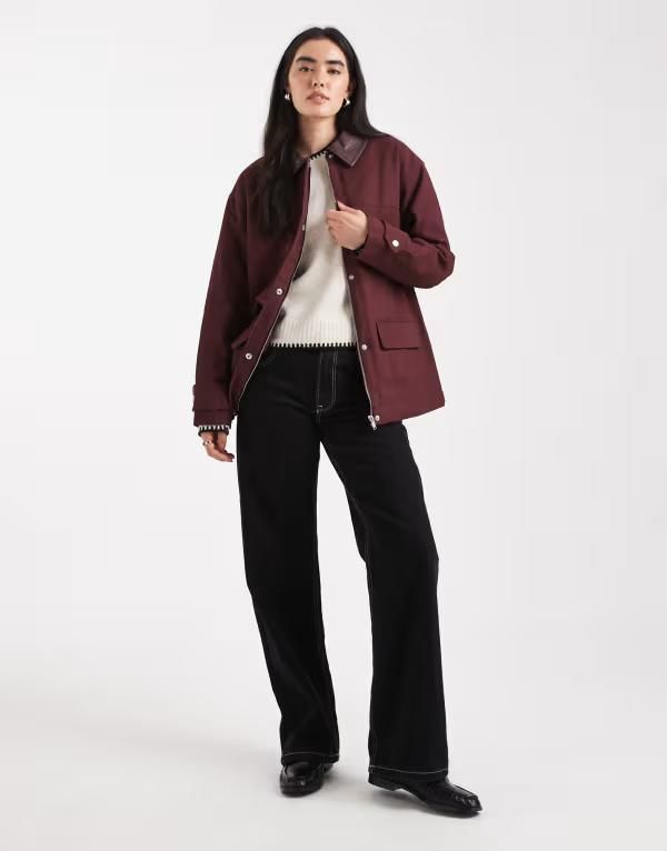 フォースレックレス レディース アウター ジャケット・ブルゾン レザー フェイクレザー ジャケット 4th Reckless faux leather woven detail collar workwear jacket Burgundy バーガンディ