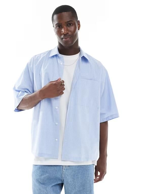 エイソス メンズ トップス シャツ ASOS DESIGN boxy oversized shirt check LIGHT BLUE ブルー