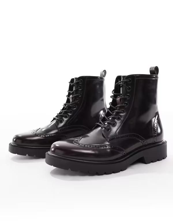 エイソス メンズ シューズ ブーツ・レインブーツ ブローグ ブーツ レース ASOS DESIGN brogue lace up boots Burgundy バーガンディ
