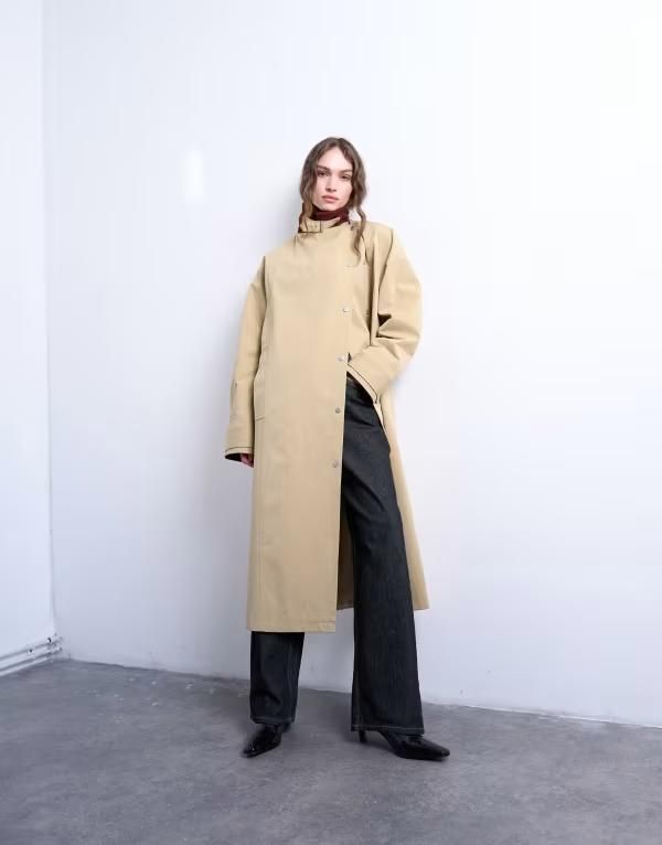 トップショップ レディース アウター コート コントラスト Topshop longline trench coat with contrast collar and buckle detail beige ベージュ