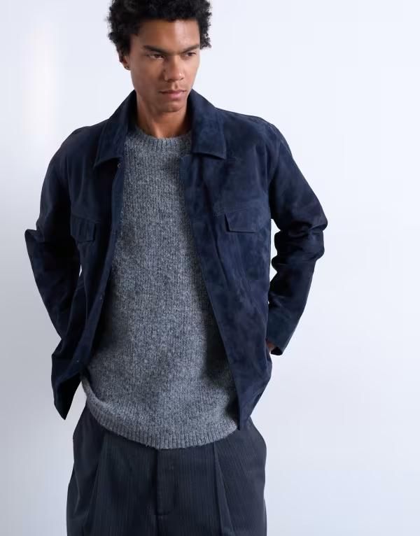トップマン メンズ アウター ジャケット・ブルゾン スエード ジャケット Topman real suede racer jacket NAVY ネイビー