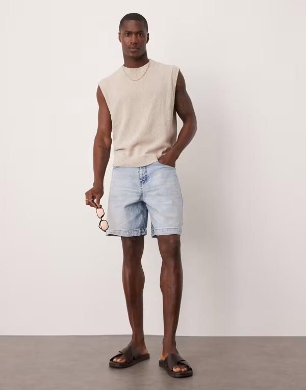 エイソス メンズ ボトムス ハーフパンツ・ショーツ デニム ASOS DESIGN standard length denim fatigue jorts in light wash LIGHT WASH BLUE ブルー