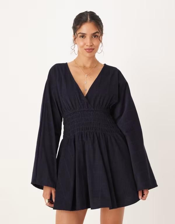 エイソス レディース トップス ワンピース Vネック コーデュロイ ミニワンピース ミニ ASOS DESIGN corduroy v neck mini dress with shirred waist in inky Inky blue ブルー