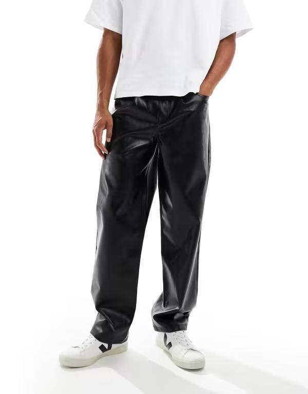 エイソス メンズ ボトムス カジュアルパンツ パンツ レザー フェイクレザー ASOS DESIGN baggy pants faux leather Black ブラック