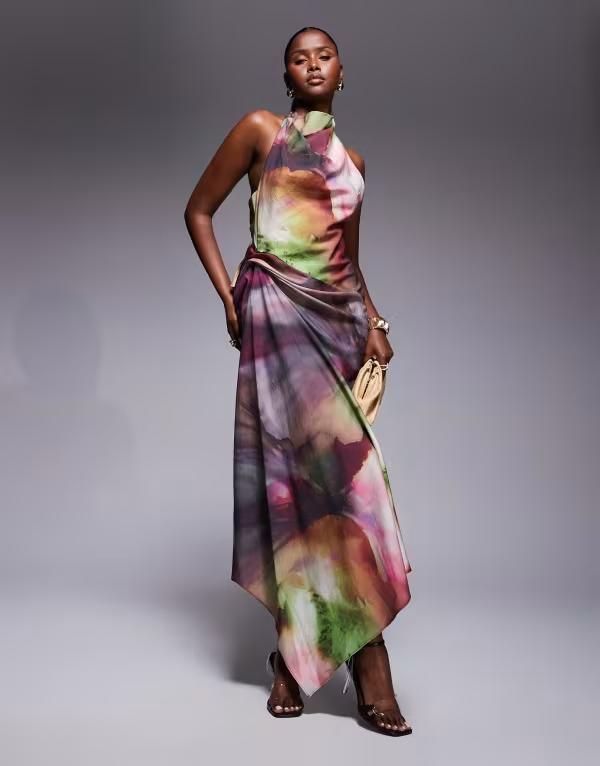 エイソス レディース トップス ワンピース マキシワンピース プリント マキシ ホルター ASOS DESIGN tuck detail halter maxi dress in abstract print Multi マルチカラー