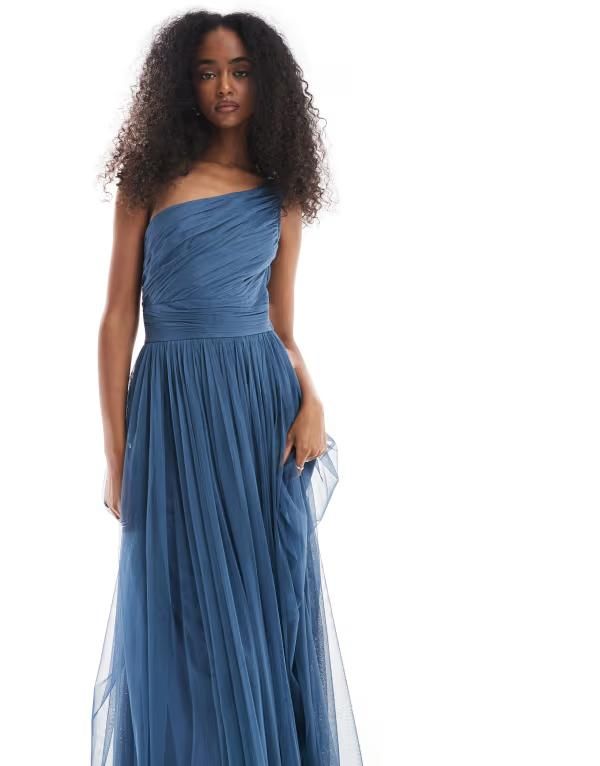 レース アンド ビーズ レディース トップス ワンピース マキシワンピース マキシ Lace Beads Bridesmaid one shoulder maxi dress in deep Deep Ethereal Blue ブルー