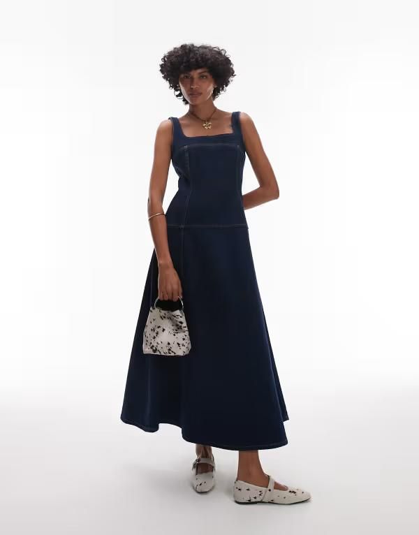 トップショップ レディース トップス ワンピース ミディワンピース ミディ デニム Topshop dropped waist structured denim midi dress in rinse INDIGO インディゴ