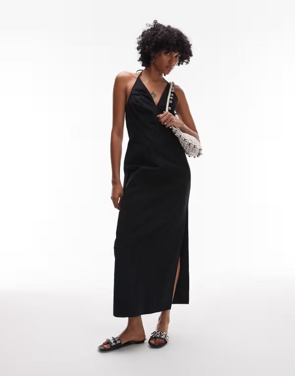 トップショップ レディース トップス ワンピース ミディワンピース ミディ ホルター Topshop throw on halter neck midi dress Black ブラック