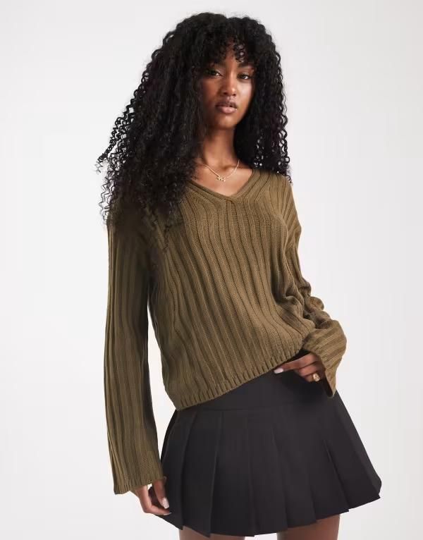 ブレーブソウル レディース アウター ニット・セーター Vネック リブ Brave Soul ribbed Vneck sweater Khaki カーキ