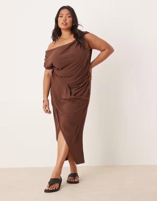 エイソス レディース トップス ワンピース ミディワンピース ミディ スカート リネン ASOS Curve ASOS DESIGN Curve linen fallen twist shoulder wrap skirt detail midi dress