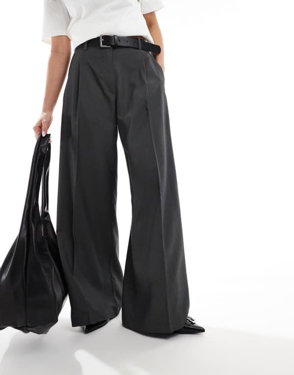 モンキ レディース ボトムス カジュアルパンツ ワイドレッグ ハイウエスト パンツ Monki high waist wide leg tailored pants in dark gray melange Gray グレー
