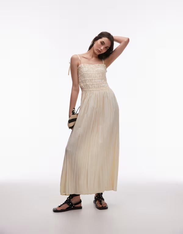 トップショップ レディース トップス ワンピース ミディワンピース ギャザー ミディ Topshop crinkle ruched bust midi dress in natural BEIGE ベージュ