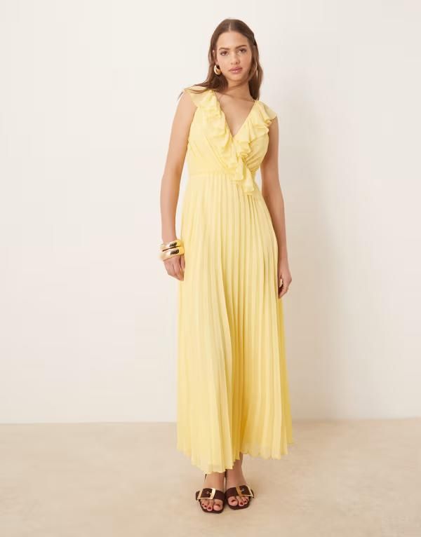 エイソス レディース トップス ワンピース ミディワンピース プリーツ フリル ミディ ASOS DESIGN ruffle wrap detail pleated midi dress in lemon yellow Lemon Yellow イエロー