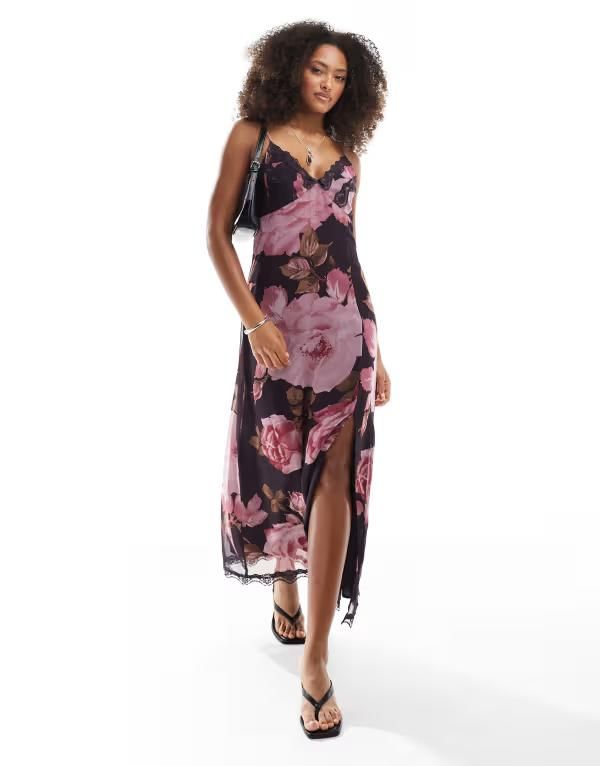 ミスセルフフリッジ レディース トップス ワンピース レーストリム フラワー柄 プリント ミディ レース フラワー Miss Selfridge lace trim midi slip dress in oversized floral print Flora