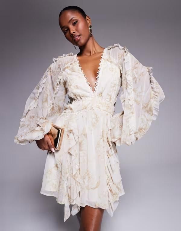 エイソス レディース トップス ワンピース カットアウト ミニワンピース フラワー柄 プリント フリル ミニ レース フラワー ASOS DESIGN ruffle lace insert mini dress with cut out in soft flo