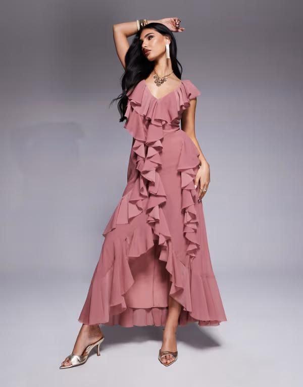 エイソス レディース トップス ワンピース オープンバック マキシワンピース フリル マキシ ASOS DESIGN ruffle bias maxi dress with open back in rose Rose pink ピンク