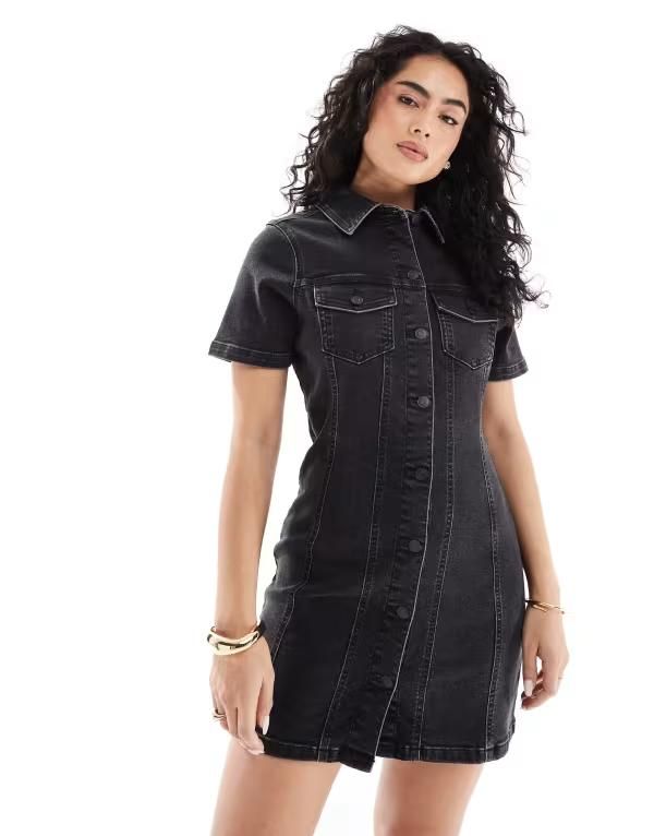 エイソス レディース トップス ワンピース ミニワンピース ミニ シャツ デニム ASOS DESIGN denim fitted shirt mini dress in wash Black ブラック