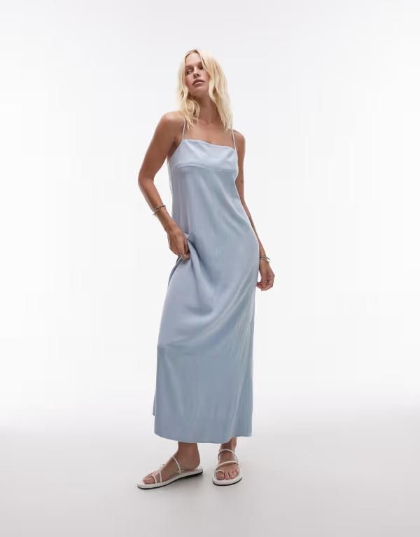 トップショップ レディース トップス ワンピース ミディワンピース ミディ リネン Topshop linen cami strap midi dress in pale BLUE ブルー