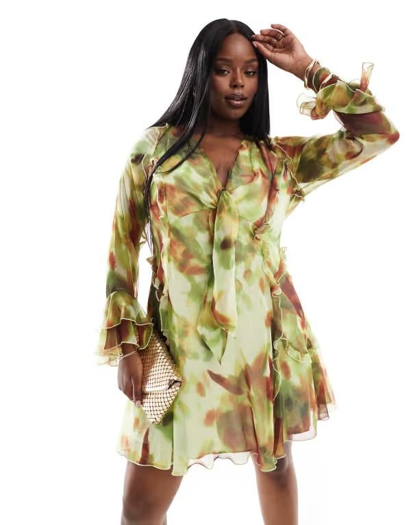 エイソス レディース トップス ワンピース ミニワンピース プリント フリル ミニ ASOS Curve ASOS DESIGN Curve ruffle tie front plunge mini dress with frill sleeves abstr