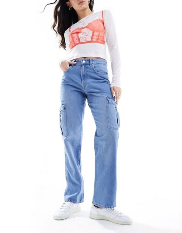 オンリー レディース ボトムス デニムパンツ ハイウエスト ジーンズ Only Riley high waist straight cargo jeans in light blue wash Light blue denim デニム