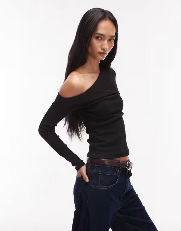 エイソス レディース トップス Tシャツ アシンメトリー リブ ASOS DESIGN ribbed twisted asymmetric long sleeve top Black ブラック