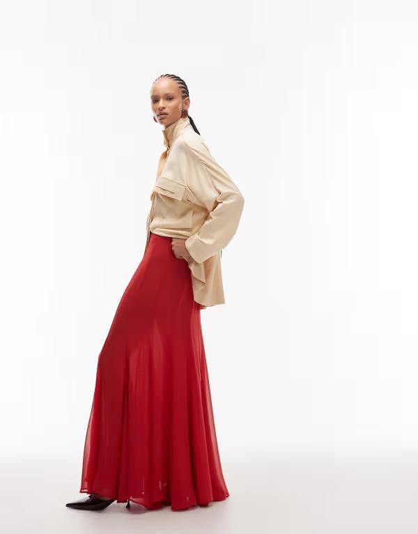 エイソス レディース ボトムスカート シフォン マキシ ASOS DESIGN maxi chiffon volume skirt RED レッド