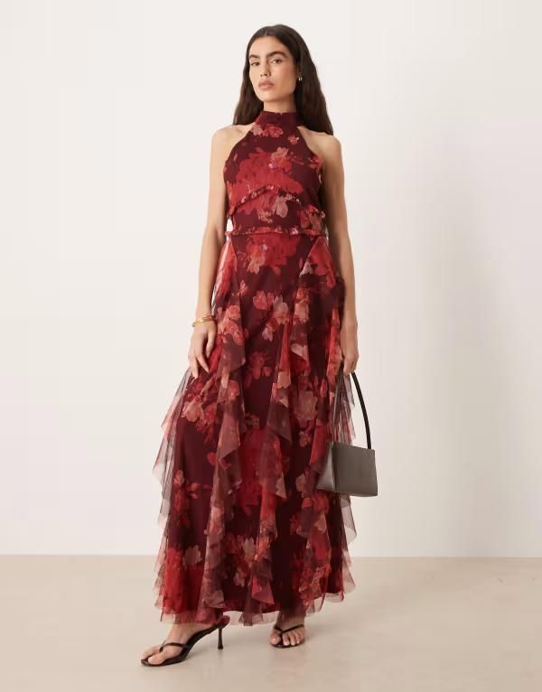 レース アンド ビーズ レディース トップス ワンピース プリント フリル マキシ ホルター Lace Beads Marilyn halter neck ruffle maxi dress in deep rose print Red レッド