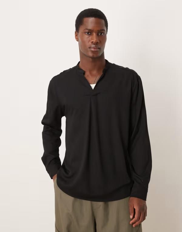 エイソス メンズ トップス シャツ ASOS DESIGN relaxed openeck shirt Black ブラック