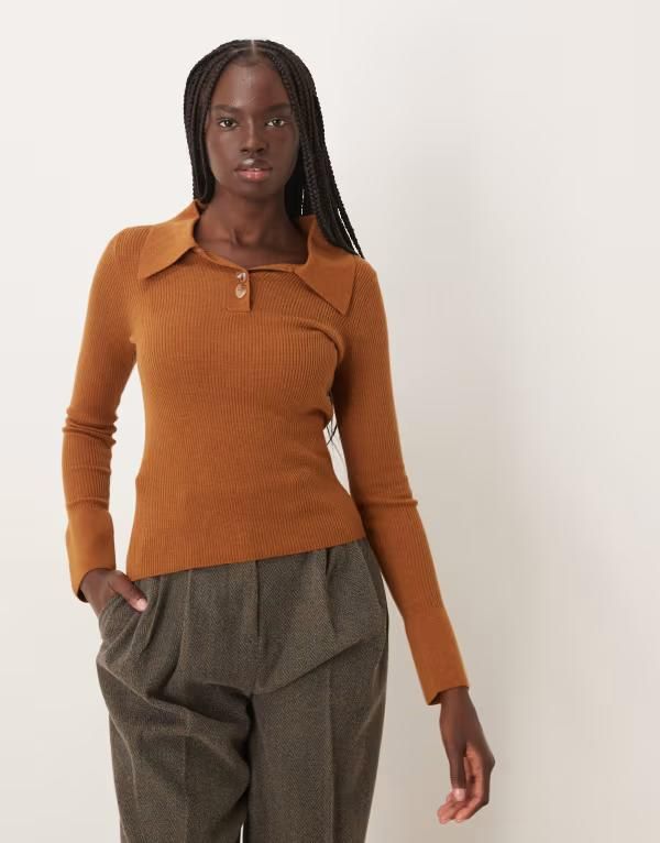 マンゴ レディース トップス ポロシャツ Mango polo top with flared sleeves in caramel