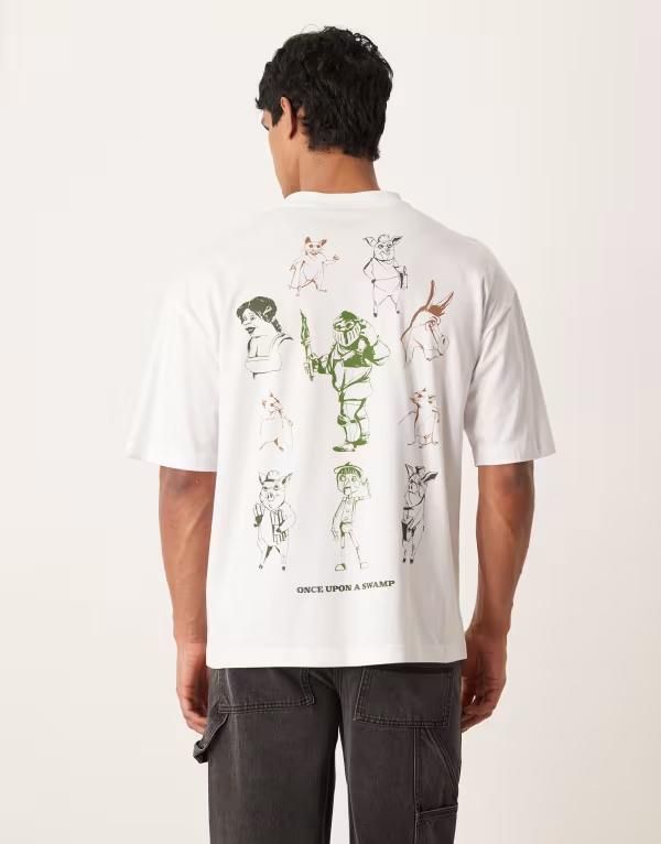 エイソス メンズ トップス Tシャツ プリント ASOS DESIGN unisex oversized Tshirt with Shrek print WHITE ホワイト