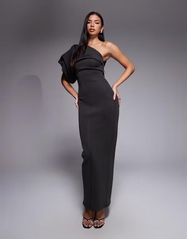 エイソス レディース トップス ワンピース ワンショルダー スキューバ マキシ ASOS DESIGN scrunch oneshoulder maxi dresscubastyle fabrichocolate チョコレート
