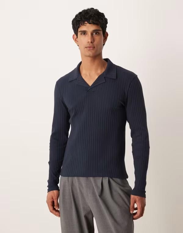 エイソス メンズ トップス Tシャツ リブニット スリムフィット ポロシャツ ニット ASOS DESIGN slim fit polo shirt rib knit Sky captain ネイビー