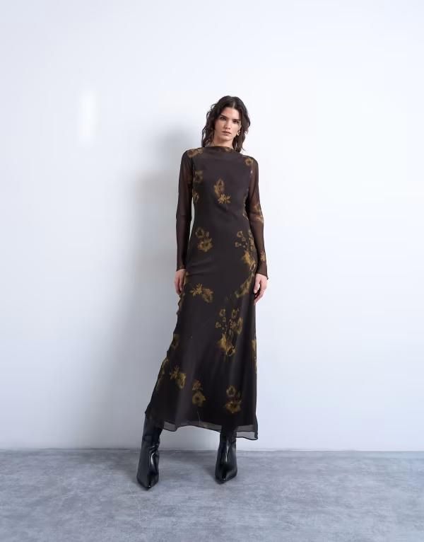 トップショップ レディース トップス ワンピース シフォン フラワー柄 プリント マキシ フラワー Topshop slash neck chiffon maxi dress and lime floral print Floral print ライム