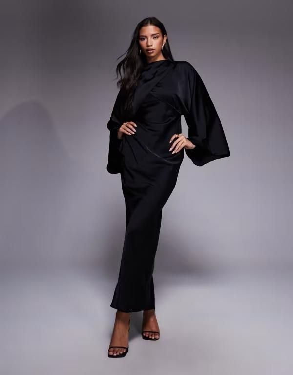 エイソス レディース トップス ワンピース サテン マキシ ASOS DESIGN wrap front batwing satin bias cut maxi dress Black ブラック