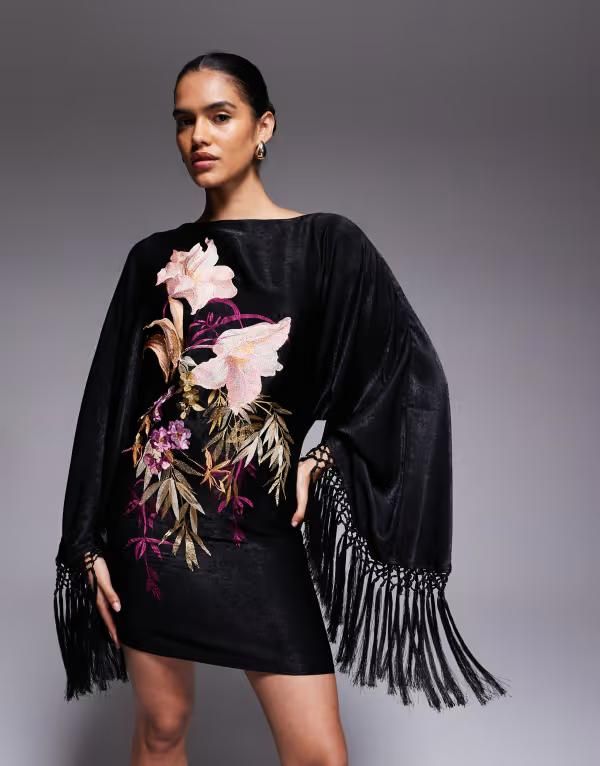 エイソス レディース トップス ワンピース フラワー柄 ミニ 刺繍 フリンジ フラワー ASOS DESIGN floral embroidered long sleeve mini dress with fringe Black ブラック