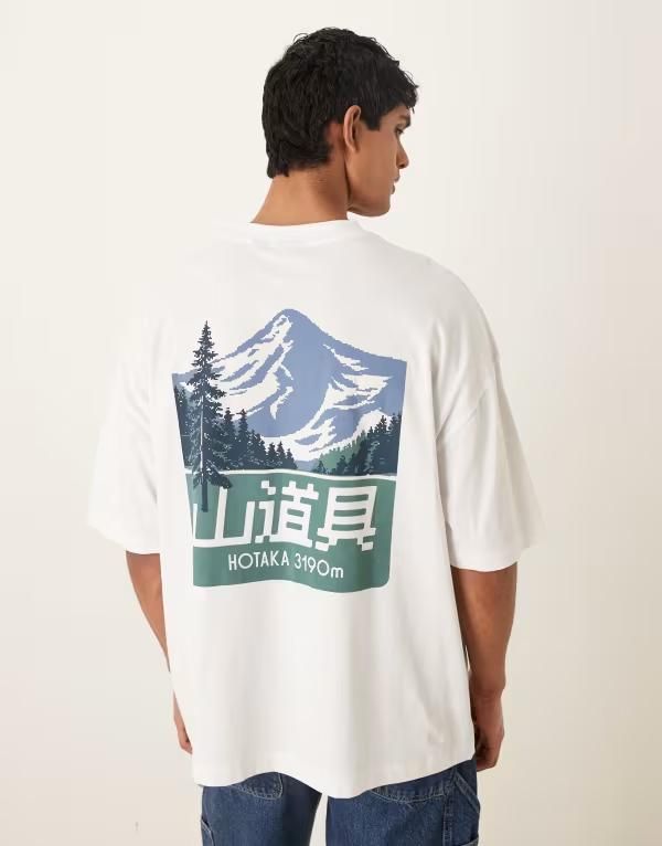 エイソス メンズ トップス Tシャツ グラフィック ASOS DESIGN oversized tshirt with mountain graphic WHITE ホワイト