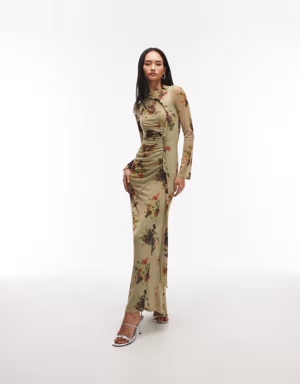 エイソス レディース トップス ワンピース フラワー柄 プリント メッシュ マキシ フラワー ASOS DESIGN printed mesh long sleeve maxi dress with twistedetailing floral print G