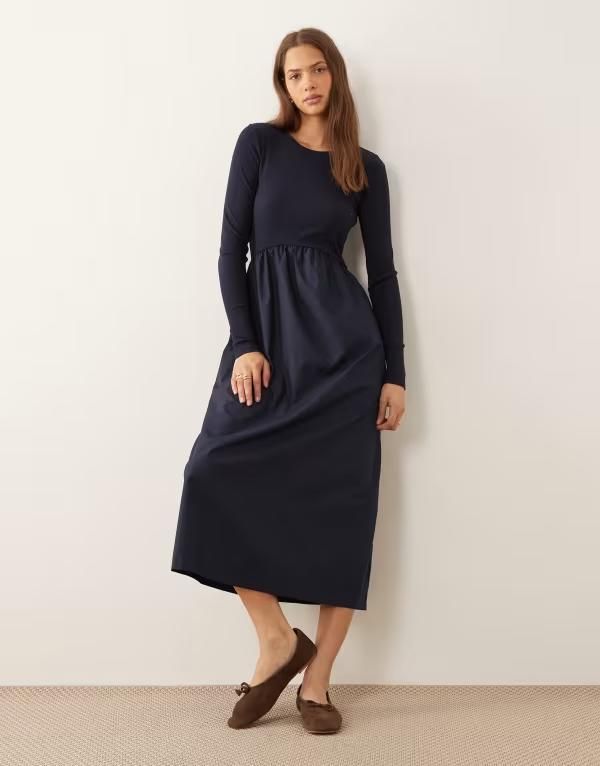 スリードベア レディース トップス ワンピース ミディ ジャージー Threadbare long sleeve jersey poplin mix midi dress NAVY ネイビー