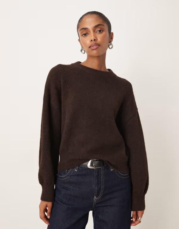 マンゴ レディース アウター ニット・セーター クルーネック Mango crew neck sweater in chocolate BROWN ブラウン