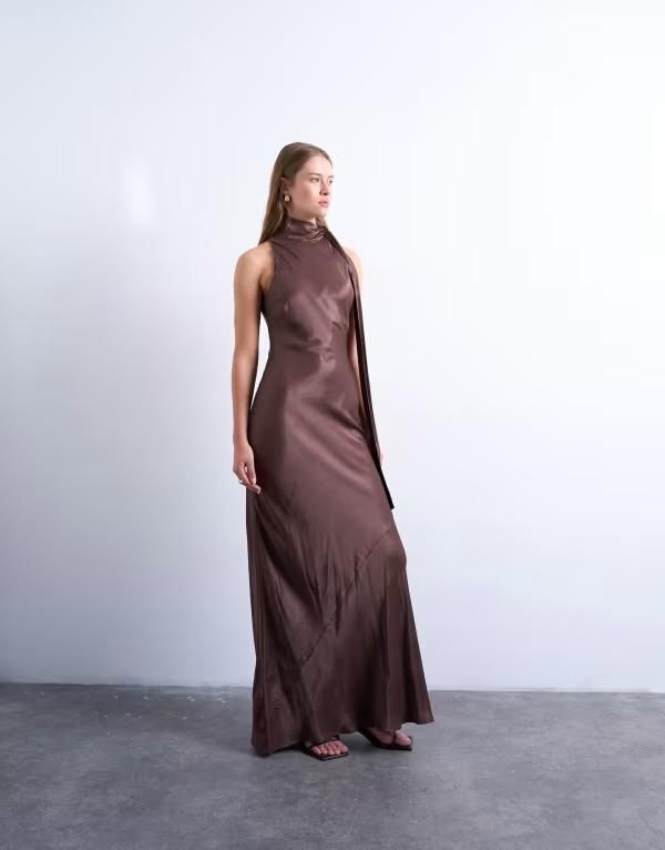 トップショップ レディース トップス ワンピース サテン ノースリーブ Topshop satin tie neck bias sleeveless dress BROWN ブラウン