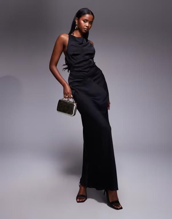 エイソス レディース トップス ワンピース シフォン サテン マキシ ASOS DESIGN satin chiffon mix paneled bias cut maxi dress with wrap back detailing Black ブラック