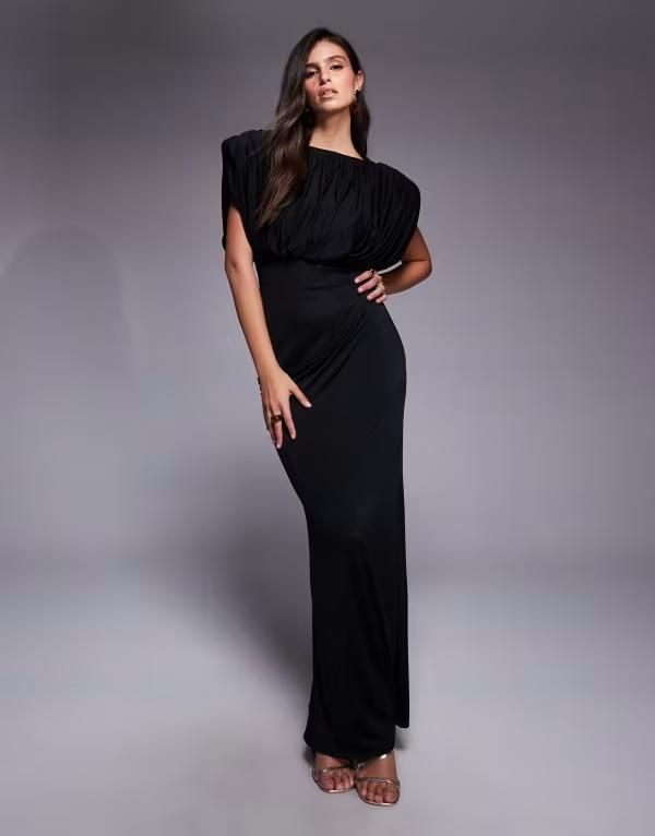 エイソス レディース トップス ワンピース マキシ ASOS DESIGN structured shoulders maxi dress with exposed corset Black ブラック