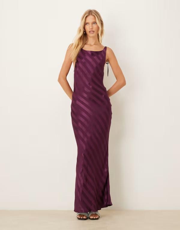 エイソス レディース トップス ワンピース マキシワンピース サテン マキシ ASOS DESIGN satin cowl back maxi dress in plum stripe Plum Stripe プラム