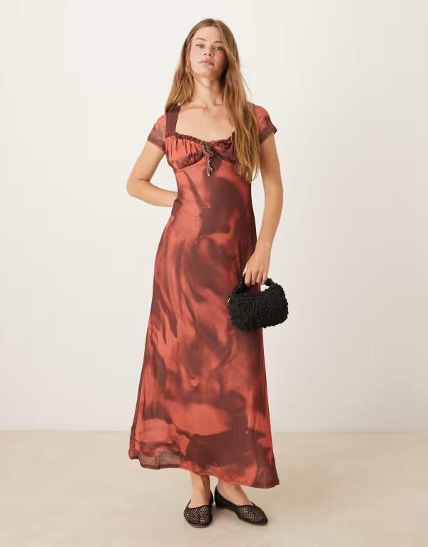 エイソス レディース トップス ワンピース マキシワンピース フラワー柄 プリント マキシ フラワー ASOS DESIGN frill neckline printed maxi dress abstract floral Red floral レッド