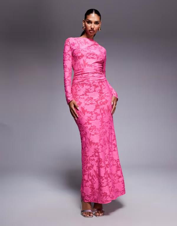 エイソス レディース トップス ワンピース オープンバック マキシワンピース マキシ ASOS DESIGN devore long sleeve maxi dress with open back pink ピンク