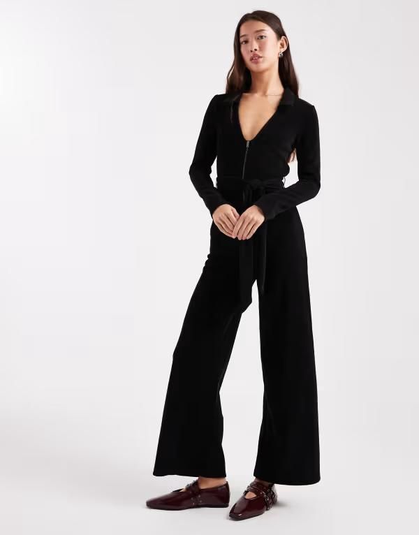 エイソス レディース トップス ジャンプスーツ ワイドレッグ ASOS DESIGN cord zip collared wide leg jumpsuit Black ブラック