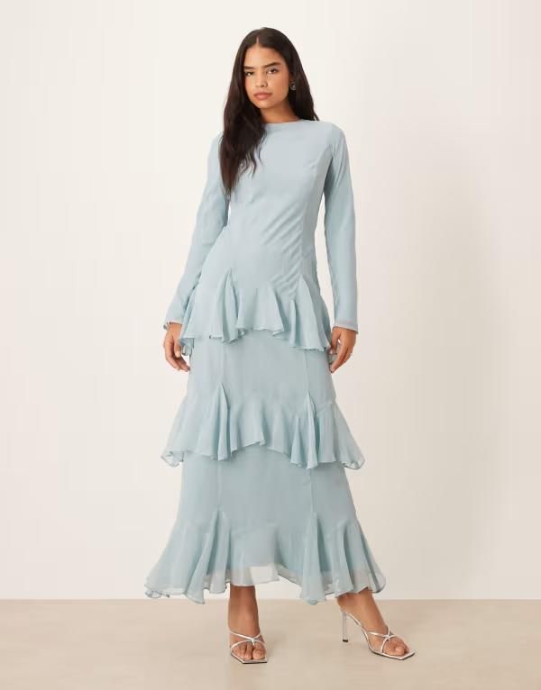 エイソス レディース トップス ワンピース シフォン フリル マキシ ASOS DESIGN long sleeve ruffle chiffon maxi dress in dusky Blue ブルー