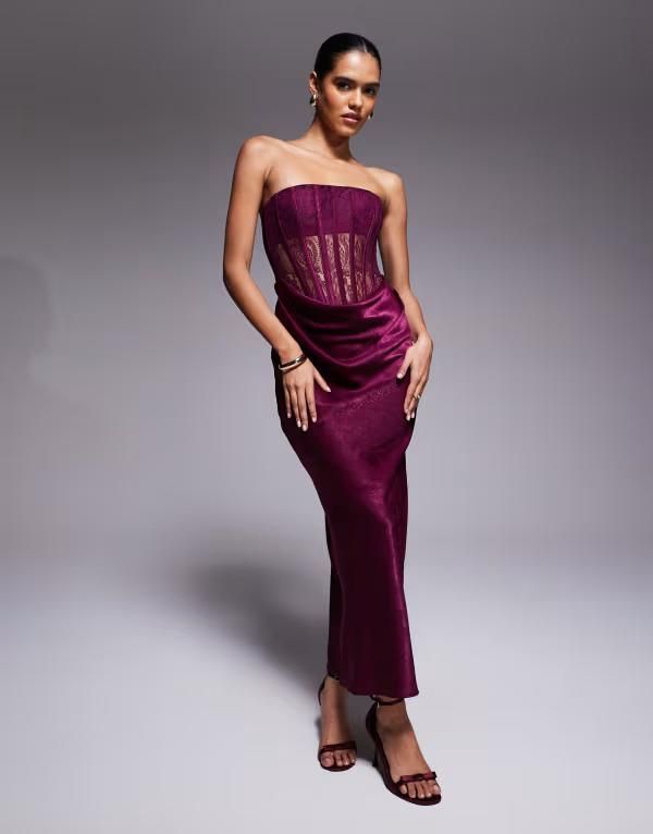 エイソス レディース トップス ワンピース ドレープ サテン スカート レース マキシ ASOS DESIGN lace corset detail maxi dress with satin draped skirt in mulberry